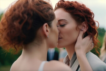 Happy satisfied beautiful lesbian couple kissing at lgbt wedding ceremony