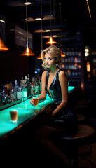 Single life concept. Attractive woman sitting alone in a bar. Generative AI illustrations