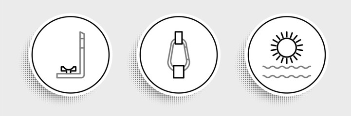 Set line Sun and waves, Snorkel and Carabiner icon. Vector