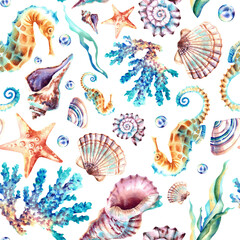 Seamless pattern of marine animals. Seashells, seahorse, starfish. Watercolor illustration. Background. Collage. © Marina