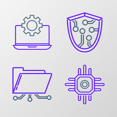 Set line Processor, Folder and lock, Cyber security and Laptop gear icon. Vector