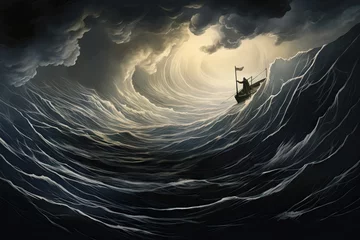 Poster Echoes of Divine Peace: Silhouetted Figure Amidst Waves in a Boat, Harkening to Jesus' Storm-Quelling Act Generative AI © furyon