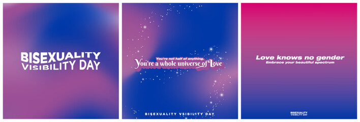 Bisexuality Visibility Day Aesthetic Posters with sayings and quotes on bisexual pride flag colored gradient backgrounds. Vector Illustration. - obrazy, fototapety, plakaty