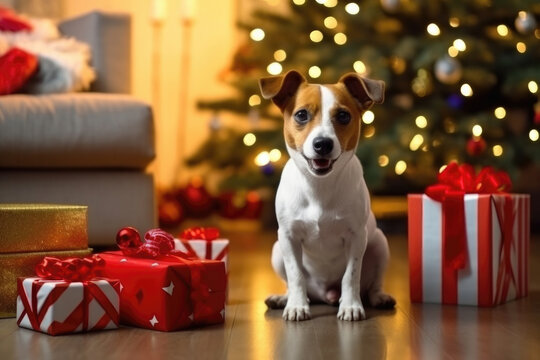 Jack russell with christmas gifts