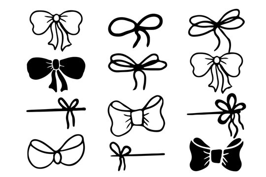 Set bow tie, present decoration, package silhouette in doodle style isolated on white. Collection knots