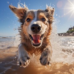 A playful cute dog standing on a sandy beach with waves crashing in the background generative ai