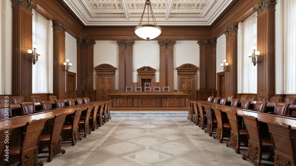 Aufkleber a courtroom with rows of chairs and a large table. generative ai image.