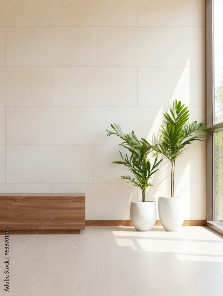 Poster a room with a large window and two potted plants. generative ai image.