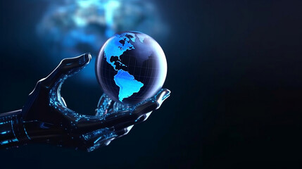 Artificial intelligence robot hand holding earth globe with blurred earth background, tech revolution and future of humanity in AI hand concept technology illustration.