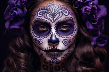 Portrait of woman with traditional la muerte makeup . Mexican festival Dia de los Muertos. Halloween