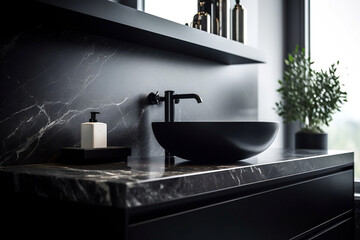 Black bathroom interior design, round countertop basin on black marble counter and wall shelf in modern luxury minimalist masculine washroom.
