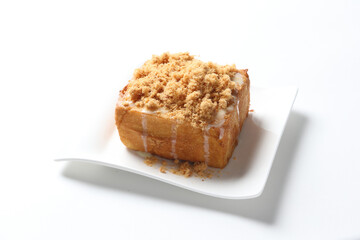 tall French square toast with chicken floss and butter milk salad sauce breakfast in plate on white background western chef appetiser halal bakery food restaurant pastry menu for cafe