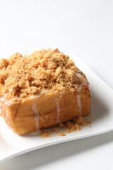 tall French square toast with chicken floss and butter milk salad sauce breakfast in plate on white background western chef appetiser halal bakery food restaurant pastry menu for cafe