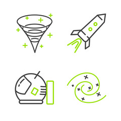 Set line Black hole, Astronaut helmet, Rocket ship with fire and icon. Vector