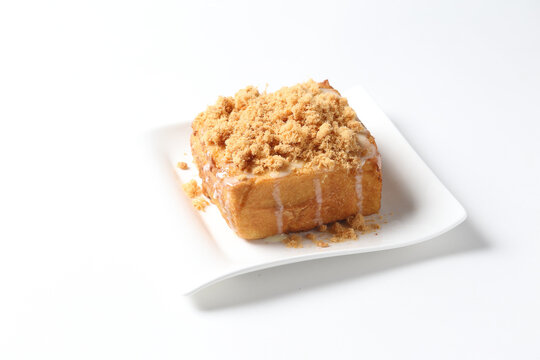 tall French square toast with chicken floss and butter milk salad sauce breakfast in plate on white background western chef appetiser halal bakery food restaurant pastry menu for cafe