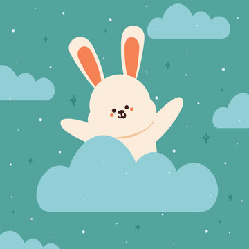 hand drawing cartoon bunny on the clouds. cute animal card and wallpaper