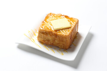 grilled egg french thick square baked toast w butter and honey jam snack breakfast in plate on white background western chef appetiser halal bakery food restaurant pastry menu for cafe