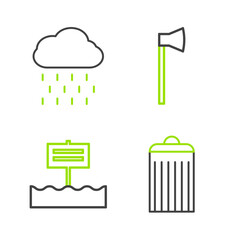 Set line Trash can, Blank wooden sign board, Wooden axe and Cloud with rain icon. Vector