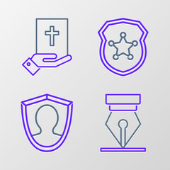 Set line Fountain pen nib, User protection, Police badge and Oath the Holy Bible icon. Vector