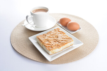 square peanut butter jam toast bread set with half boiled soft chicken egg and hot coffee or tea breakfast on white background asian chef appetiser halal bakery food restaurant pastry menu for cafe