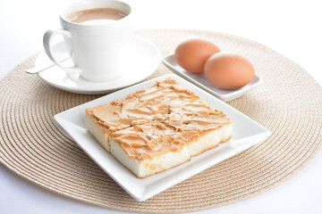 square peanut butter jam toast bread set with half boiled soft chicken egg and hot coffee or tea breakfast on white background asian chef appetiser halal bakery food restaurant pastry menu for cafe