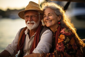 Perfect middle aged couple bonding and relaxing while on vacation. stylish middle aged couple during sunset on boat