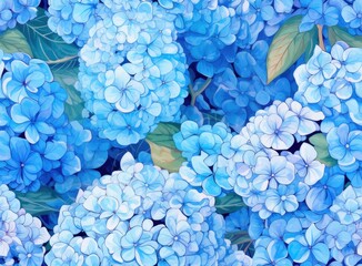 Blue Hydrangea Hydrangea macrophylla or Hortensia flower with dew in slight color variations ranging. SEAMLESS PATTERN. SEAMLESS WALLPAPER. Created with Generative AI technology.