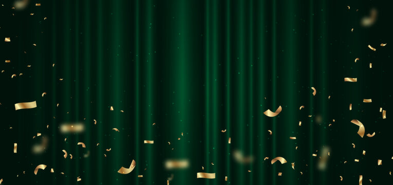 Green curtain background. Golden confetti banner and ribbon. Celebration grand openning party happy concept. Vector illustration