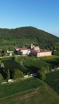 Aerial view of Benedictine monastery Abbazia di Praglia in Bresseo, Teolo by Padua in Italy as a Christianity, religion, and Catholicism concept