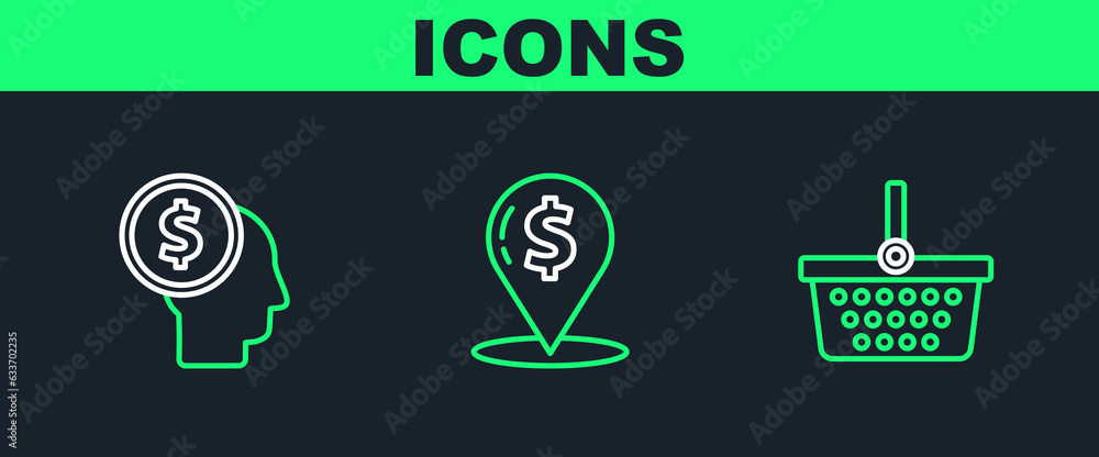 Canvas Prints Set line Shopping basket, Business man planning mind and Cash location icon. Vector