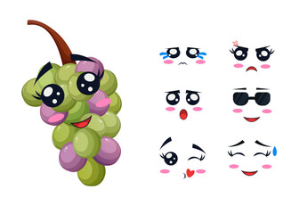 Grapes with kawaii emotions. Flat design vector illustration of grapes on a white background. Purple-green grape design