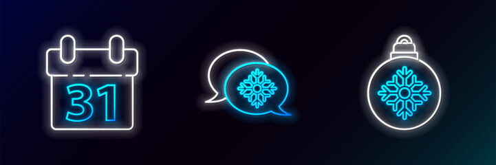 Set line Christmas ball, Calendar and Snowflake with speech bubble icon. Glowing neon. Vector
