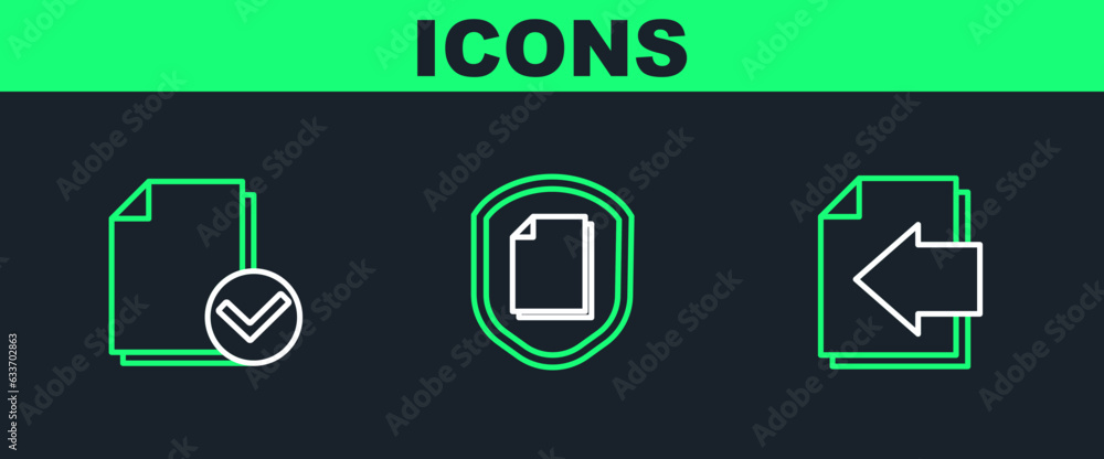 Poster set line next page arrow, document and check mark and protection concept icon. vector