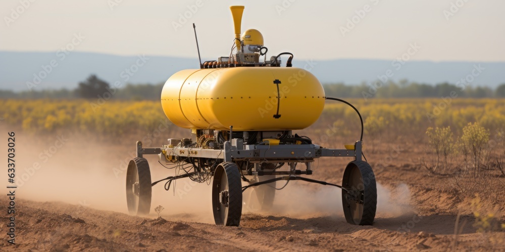 Poster a yellow tank on a cart in the middle of a field. generative ai image.