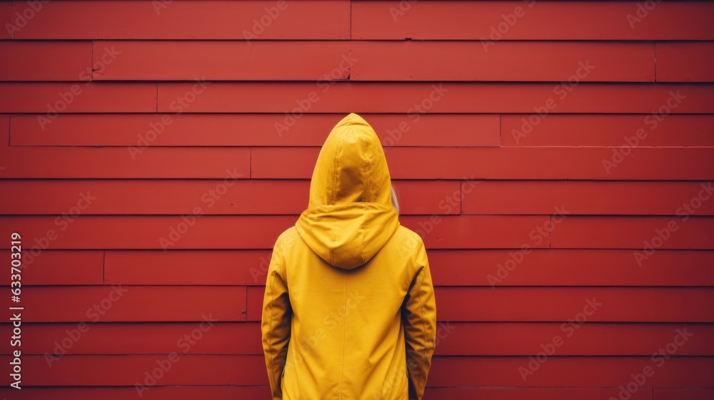 Poster a person in a yellow raincoat standing in front of a red wall. generative ai image.