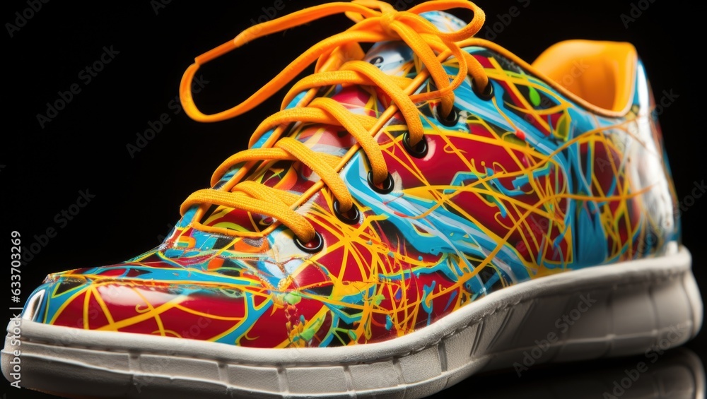 Poster a colorful shoe with a colorful paint splatter design. generative ai image.