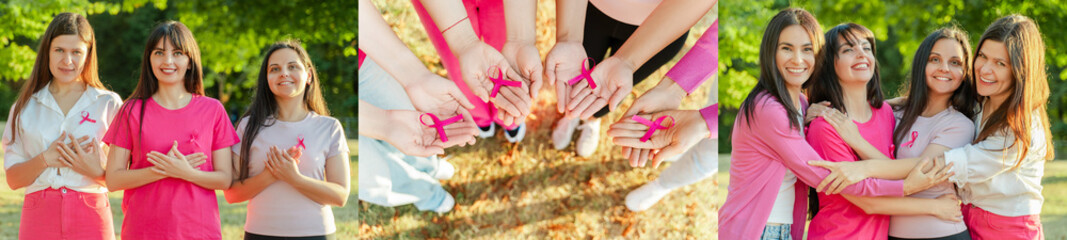 Collage of confident smiling women holding breast cancer pink ribbon standing on the street. Health...