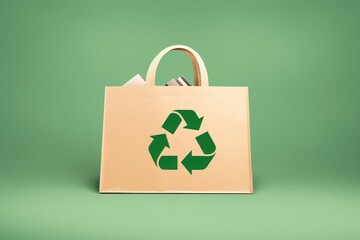 Responsible consumption. Recycle symbol arrows and shopping bag in paper cut style.