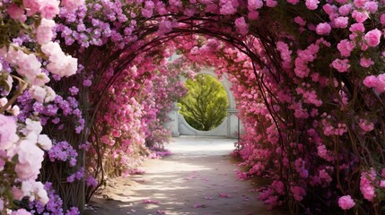 Fototapeta premium a pathway lined with pink and purple flowers next to a stone wall. generative ai