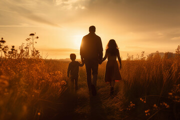 Fototapeta na wymiar Family walking through a field with young child.