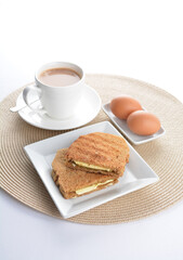 square butter kaya jam toast bread set with half boiled soft chicken egg and hot coffee or tea breakfast on white background asian chef appetiser halal bakery food restaurant pastry menu for cafe
