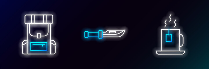 Set line Cup of tea with tea bag, Hiking backpack and Camping knife icon. Glowing neon. Vector