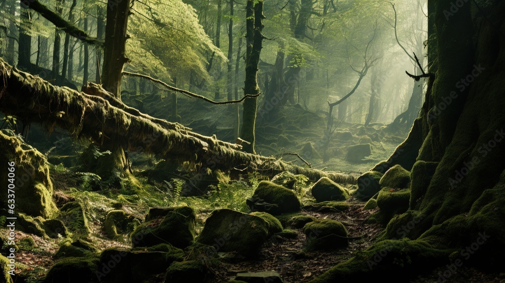 Poster a mossy forest with rocks and trees in the foreground. generative ai