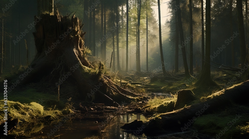 Poster  a swampy area with a tree stump in the foreground.  generative ai