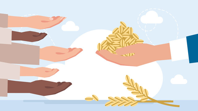 People of different nationalities beg and ask for food. A man holds a full handful of grain. Aid to poor countries. Famine. Food crisis. Poverty. Begging. Volunteering. Flat illustration