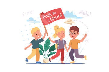 Happy children concept with people scene in the flat cartoon design. Friends are happy to return to classes after the holidays. Vector illustration.