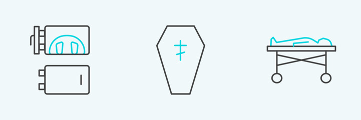 Fototapeta premium Set line Dead body in the morgue, Crematorium and Coffin with cross icon. Vector