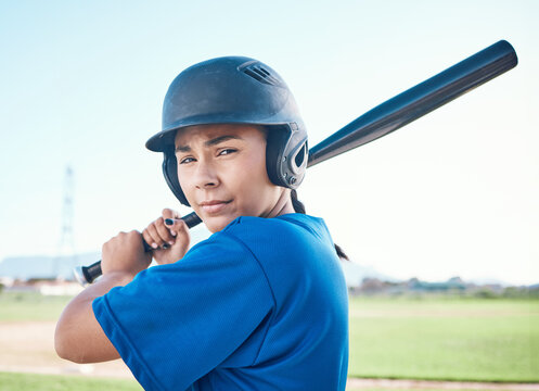 Baseball, portrait and a person with bat outdoor on pitch for sports performance or competition. Professional athlete or softball woman for swing, commitment or fitness for game, training or exercise
