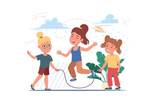 Playing at the schoolyard concept with people scene in the flat cartoon design. Girls play with jump rope in the yard during recess. Vector illustration.