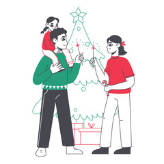 Happy Christmas family. People with xmas tree celebrating Christmas, winter holidays festivity flat vector illustration